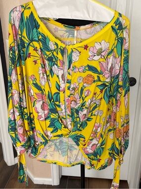 Free People Yellow Floral V-Neck Long Sleeve Blouse